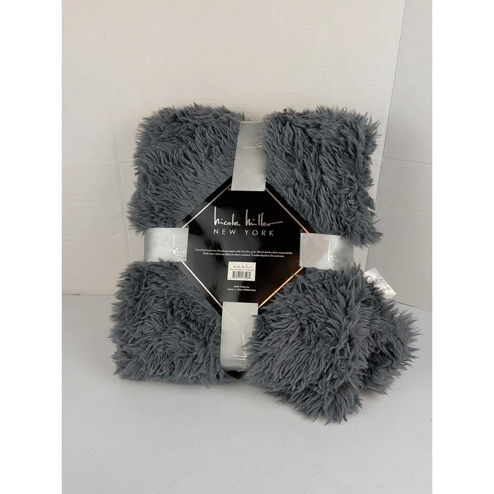 Nicole Miller Faux High Pile  Fur Throw 50” by 60 Gray NWT